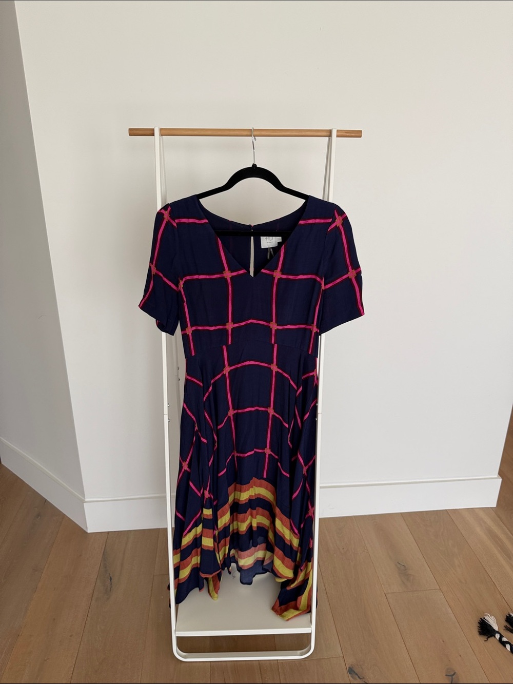 HD in Paris Navy Midi Dress with Pink Grid and Multicolor Striped Hem